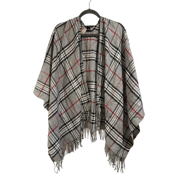 V Fraas Soft & Cozy Poncho Serape Wrap Ruana in Gray & Red Plaid Scottish NWT - Picture 5 of 16